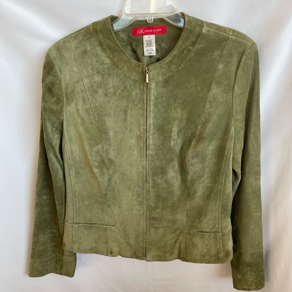 AK Anne Klein Vintage Womens 12 Green Jacket Suede Leather Zipper Front